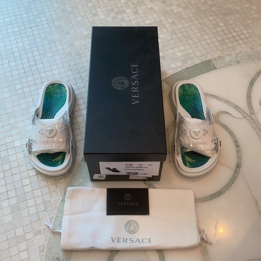 Versace Runway Jungle Print Medusa Logo Clear Vinyl Slides/Sandals
